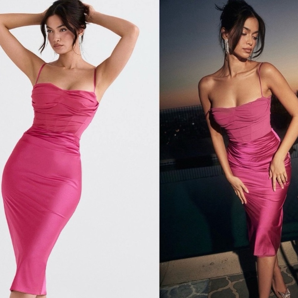House of CB ‘Teia’ Hot Pink Draped Corset Midi Dress